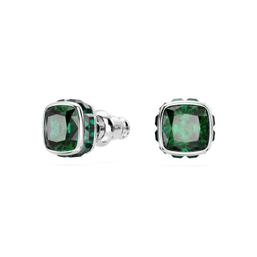 Birthstone stud earrings, Square cut, May, Green, Rhodium plated