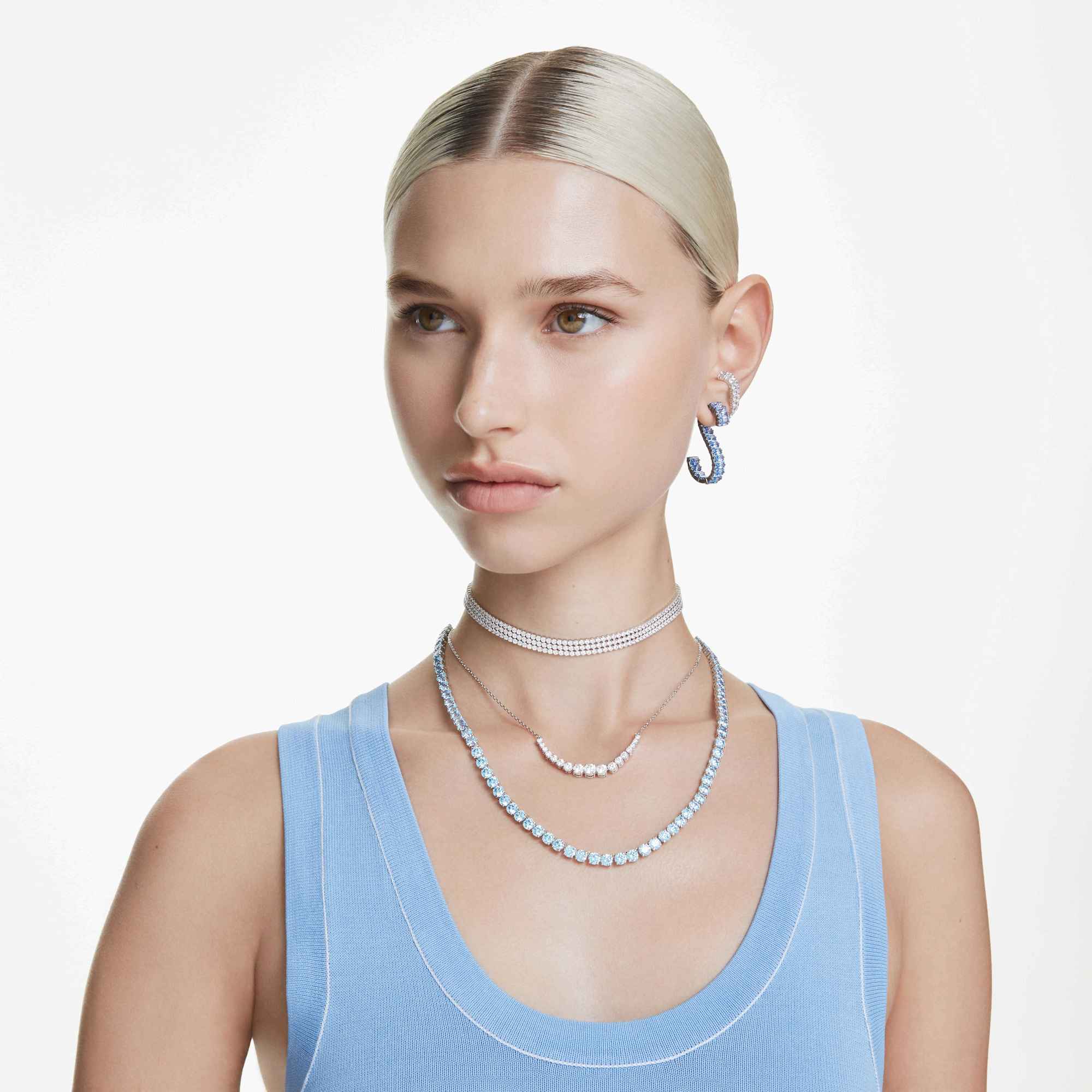 Matrix Tennis necklace, Round cut, Medium, Blue, Rhodium plated