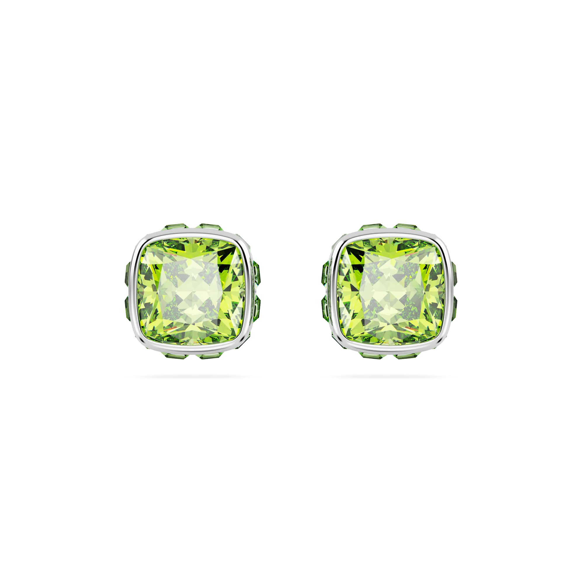 Birthstone stud earrings, Square cut, August, Green, Rhodium plated