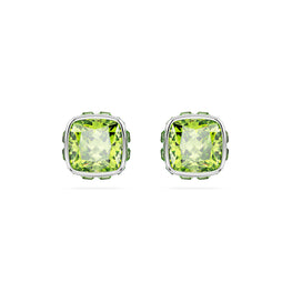 Birthstone stud earrings, Square cut, August, Green, Rhodium plated