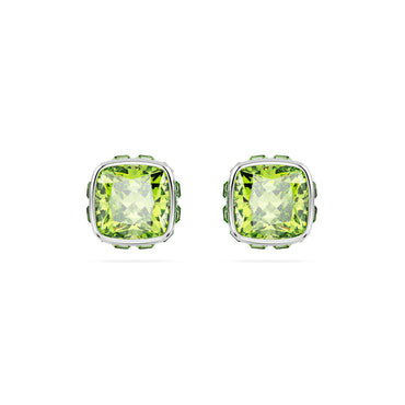 Birthstone stud earrings, Square cut, August, Green, Rhodium plated