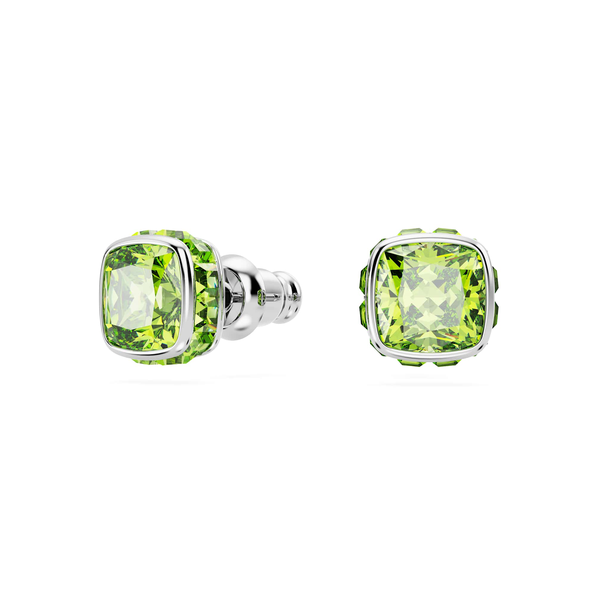 Birthstone stud earrings, Square cut, August, Green, Rhodium plated