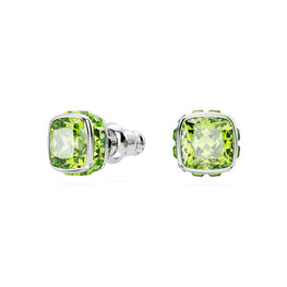 Birthstone stud earrings, Square cut, August, Green, Rhodium plated