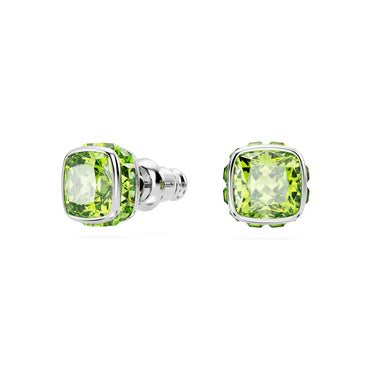 Birthstone stud earrings, Square cut, August, Green, Rhodium plated