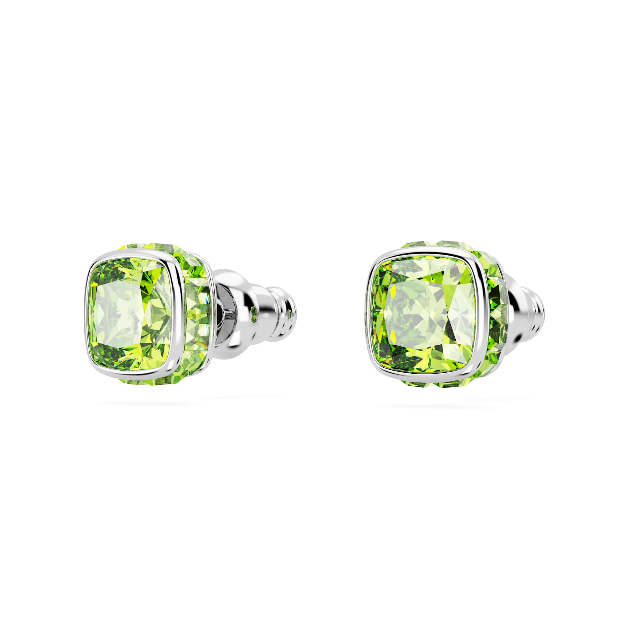 Birthstone stud earrings, Square cut, August, Green, Rhodium plated