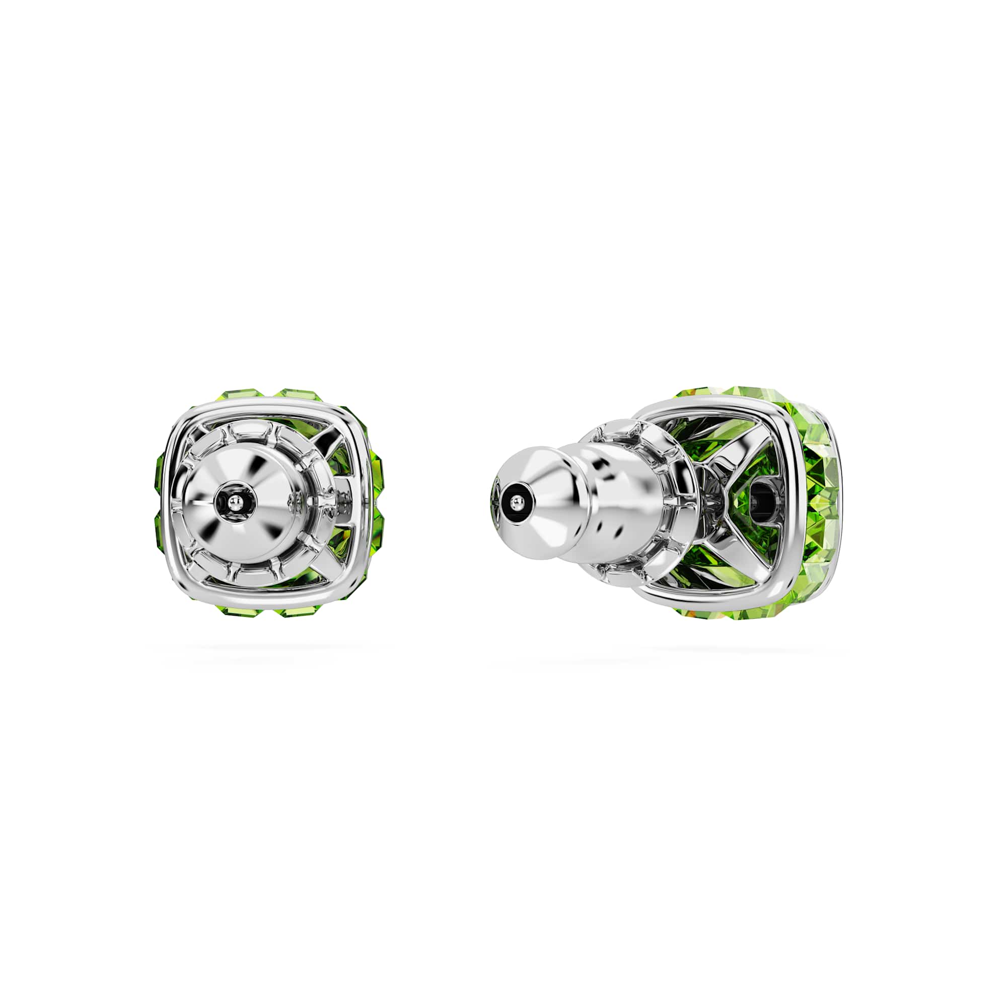 Birthstone stud earrings, Square cut, August, Green, Rhodium plated