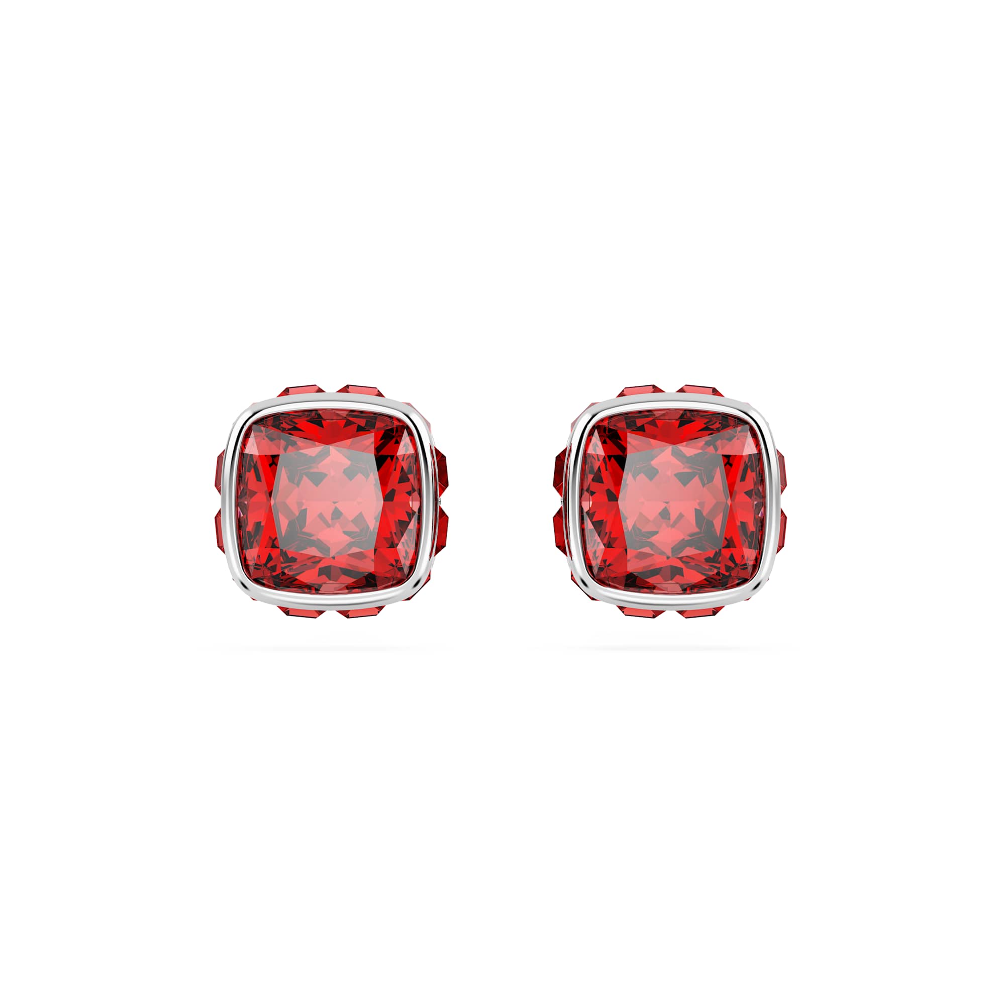 Birthstone stud earrings, Square cut, July, Red, Rhodium plated