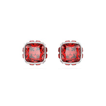 Birthstone stud earrings, Square cut, July, Red, Rhodium plated