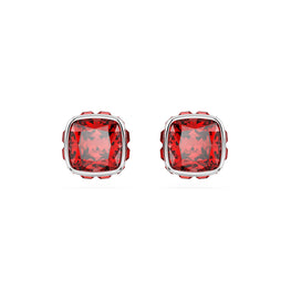 Birthstone stud earrings, Square cut, July, Red, Rhodium plated