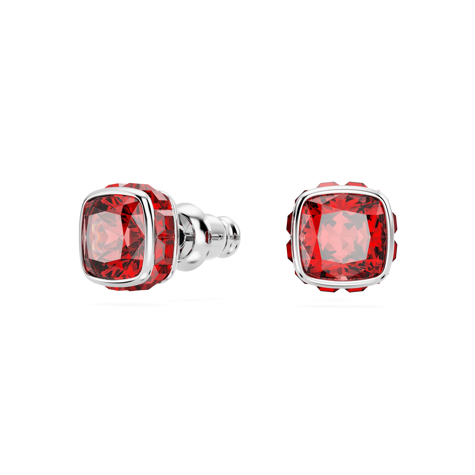 Birthstone stud earrings, Square cut, July, Red, Rhodium plated