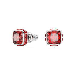 Birthstone stud earrings, Square cut, July, Red, Rhodium plated