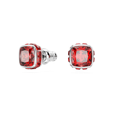 Birthstone stud earrings, Square cut, July, Red, Rhodium plated