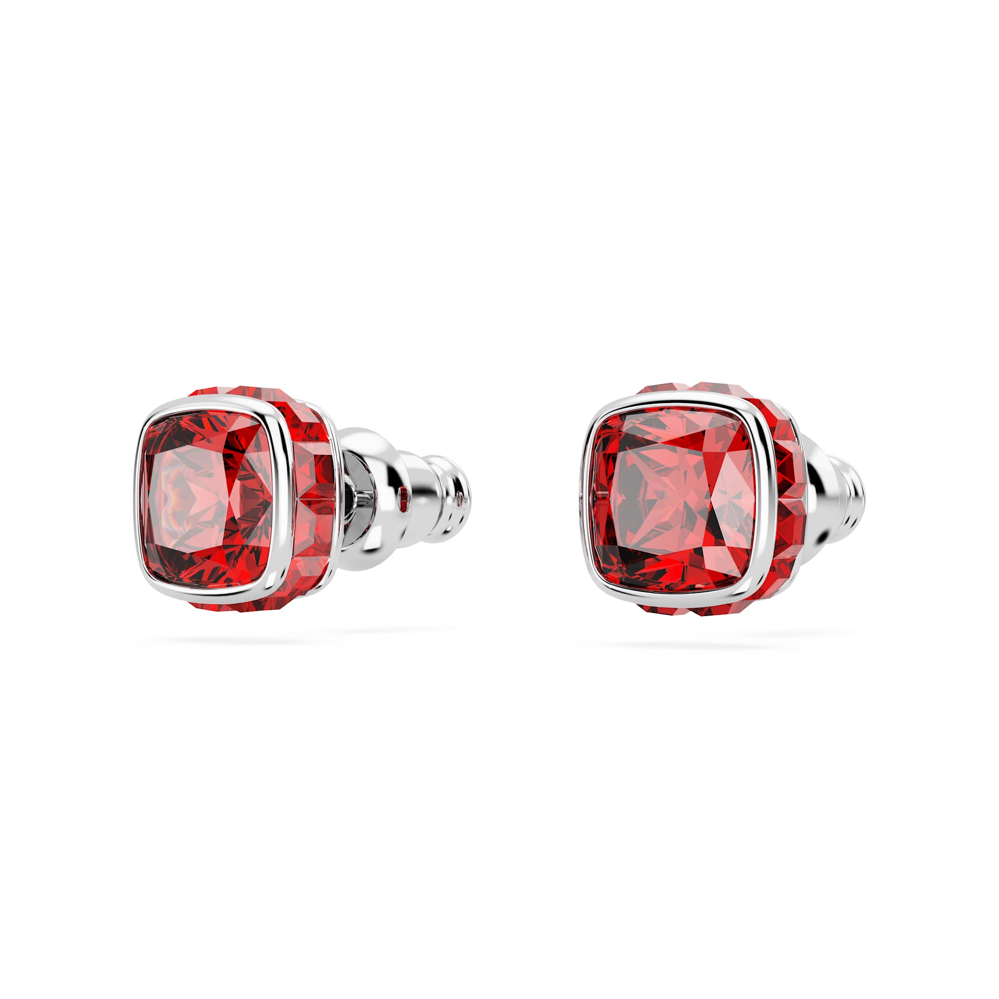 Birthstone stud earrings, Square cut, July, Red, Rhodium plated