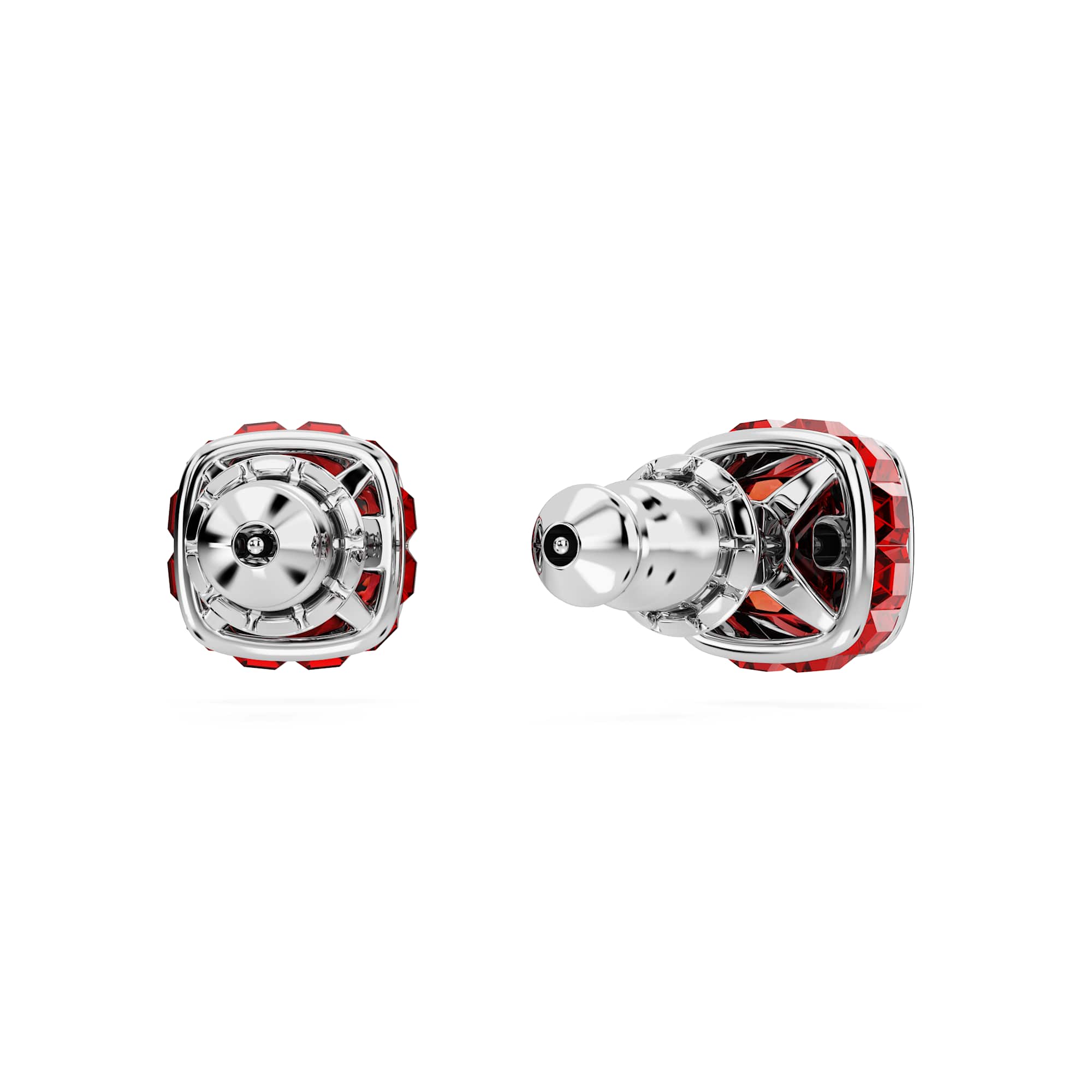 Birthstone stud earrings, Square cut, July, Red, Rhodium plated