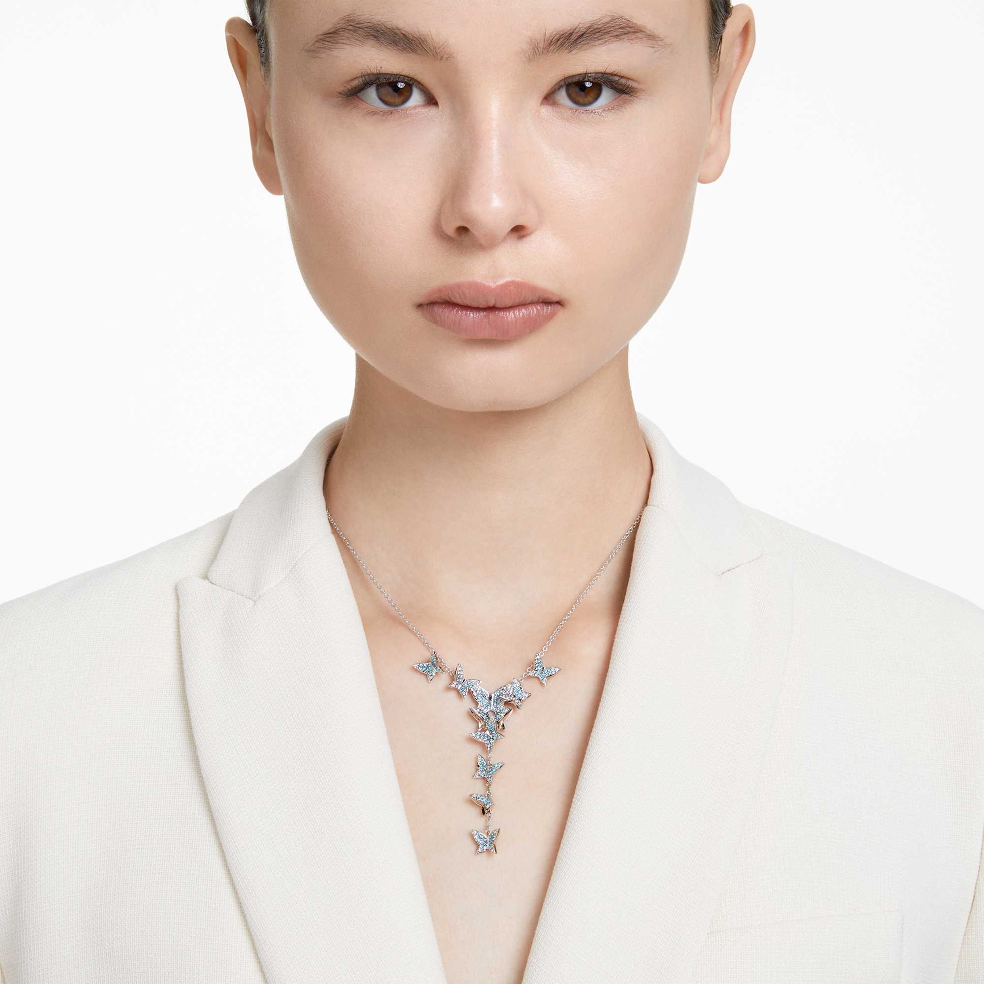 Idyllia Lilia Y necklace, Butterfly, Blue, Rhodium plated