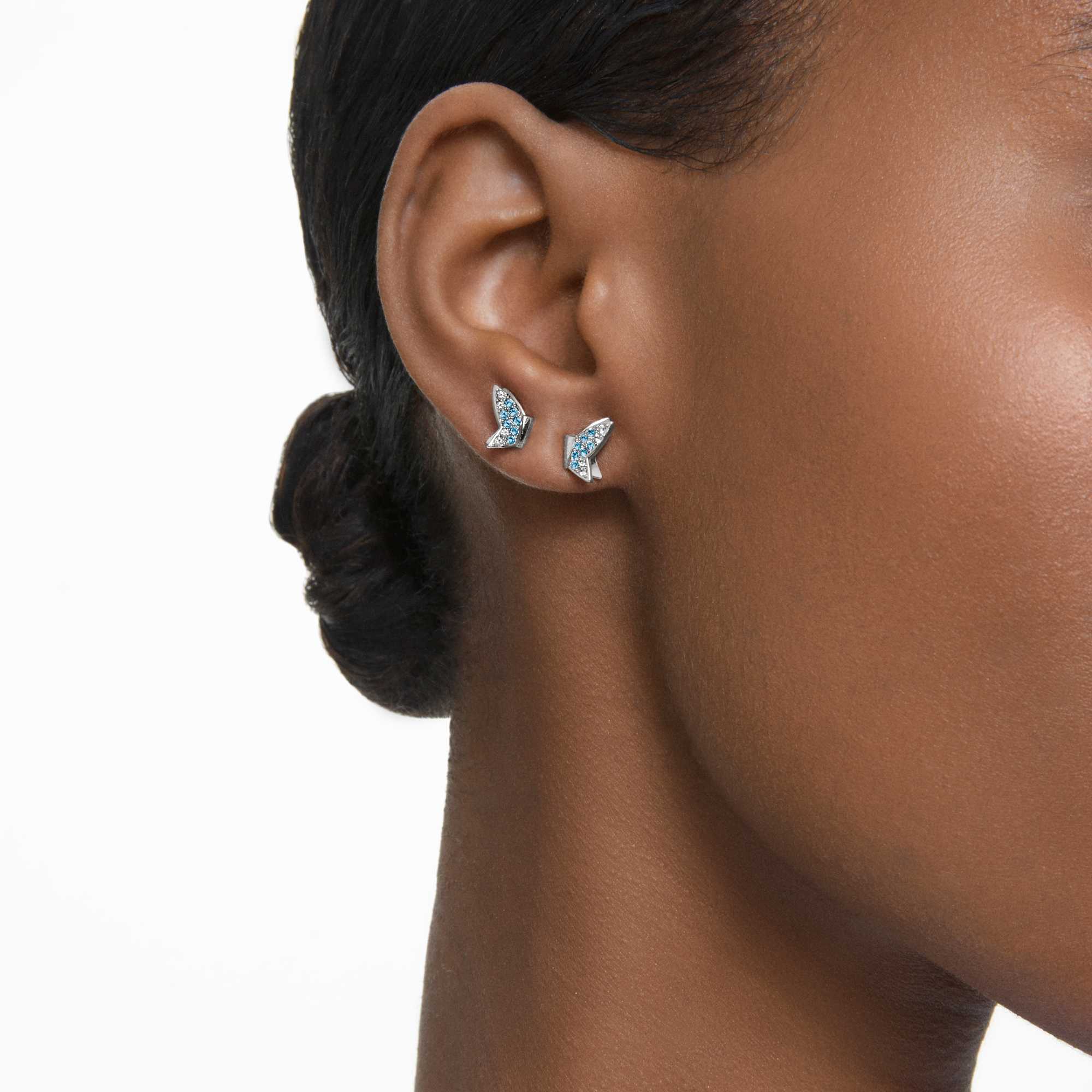 Idyllia Lilia stud earrings, Butterfly, Blue, Rhodium plated