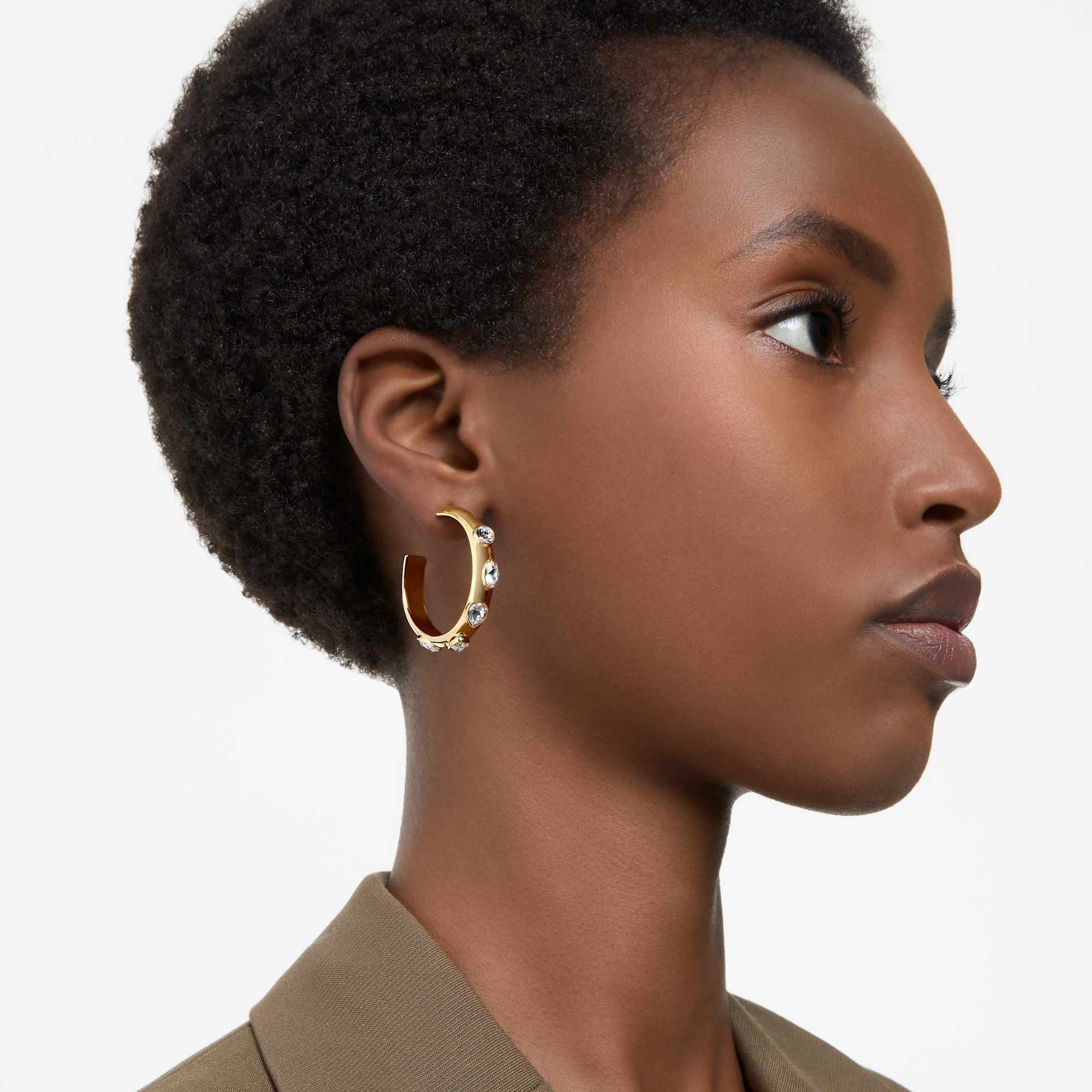 Imber hoop earrings, Mixed cuts, White, Gold-tone plated