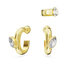 Imber hoop earrings with ear cuff, Set (3), Pear cut, White, Gold-tone plated