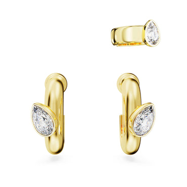 Imber hoop earrings with ear cuff, Set (3), Pear cut, White, Gold-tone plated
