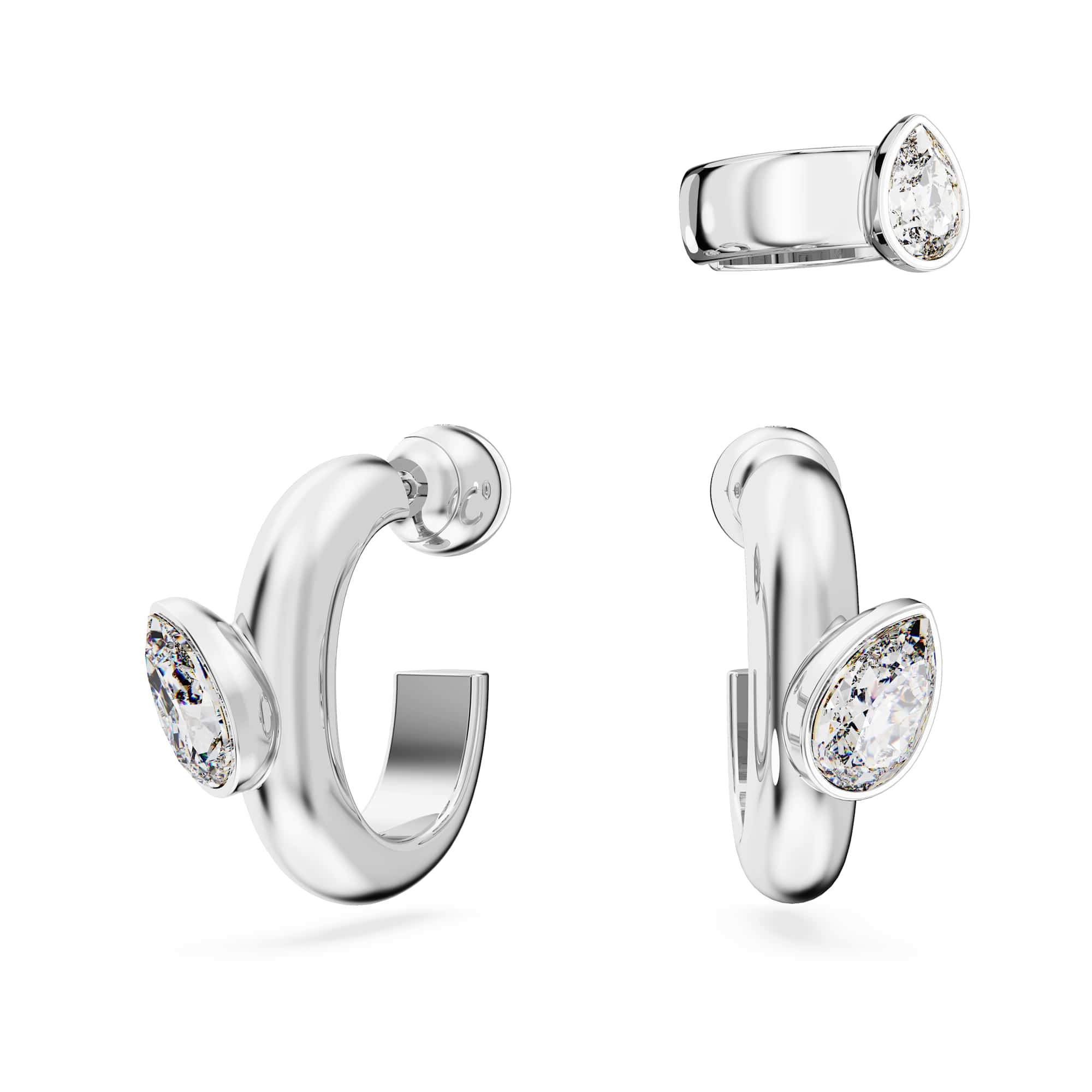 Imber hoop earrings with ear cuff, Set (3), Pear cut, White, Rhodium plated