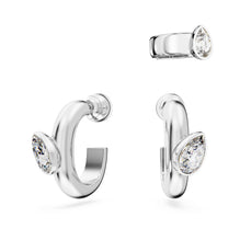 Imber hoop earrings with ear cuff, Set (3), Pear cut, White, Rhodium plated