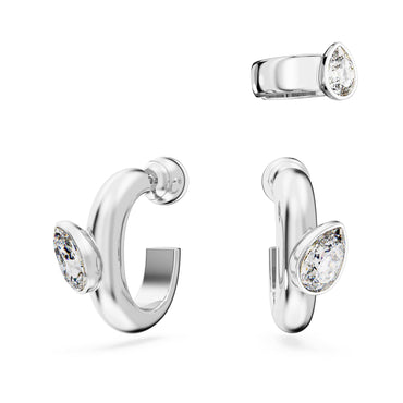 Imber hoop earrings with ear cuff, Set (3), Pear cut, White, Rhodium plated