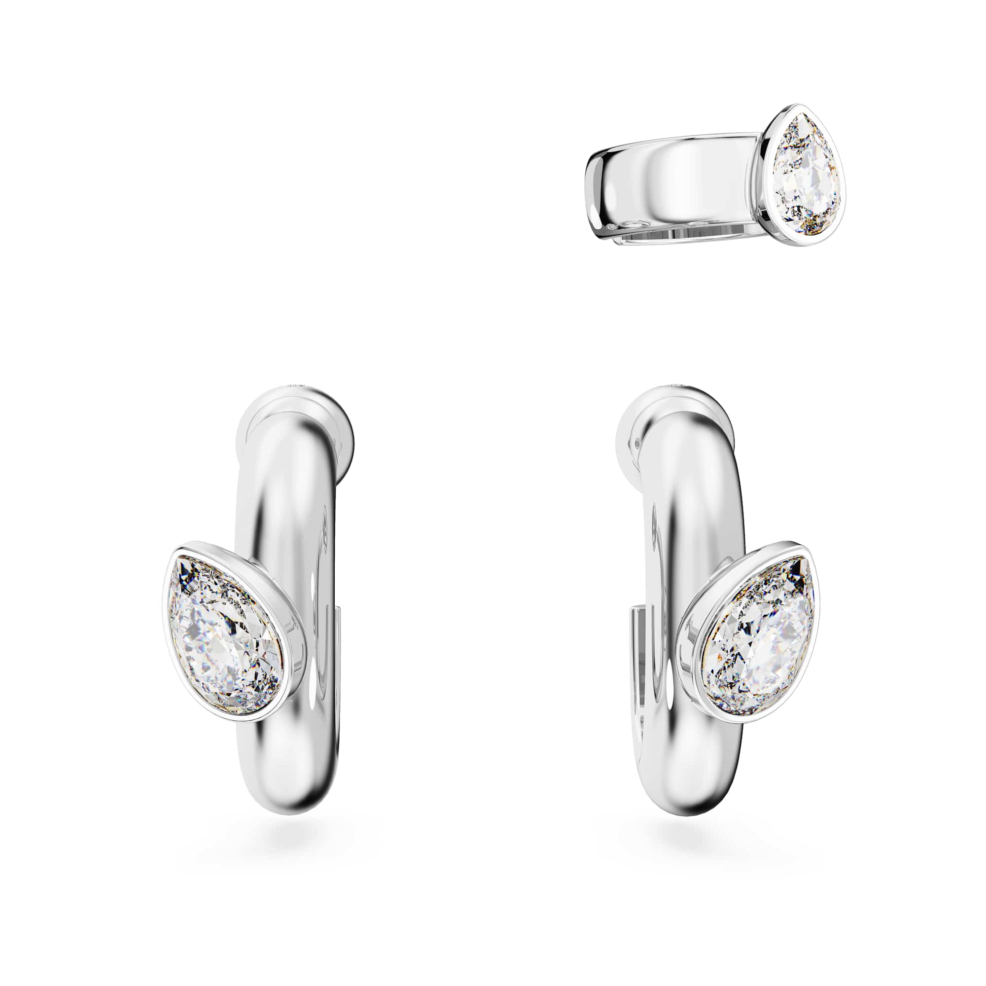 Imber hoop earrings with ear cuff, Set (3), Pear cut, White, Rhodium plated