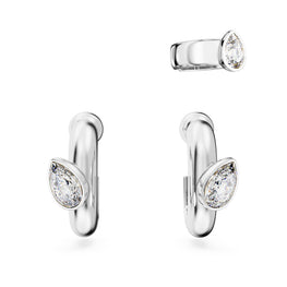 Imber hoop earrings with ear cuff, Set (3), Pear cut, White, Rhodium plated