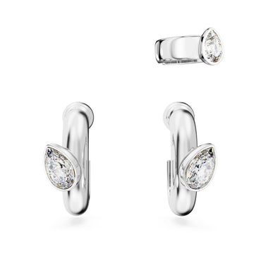 Imber hoop earrings with ear cuff, Set (3), Pear cut, White, Rhodium plated