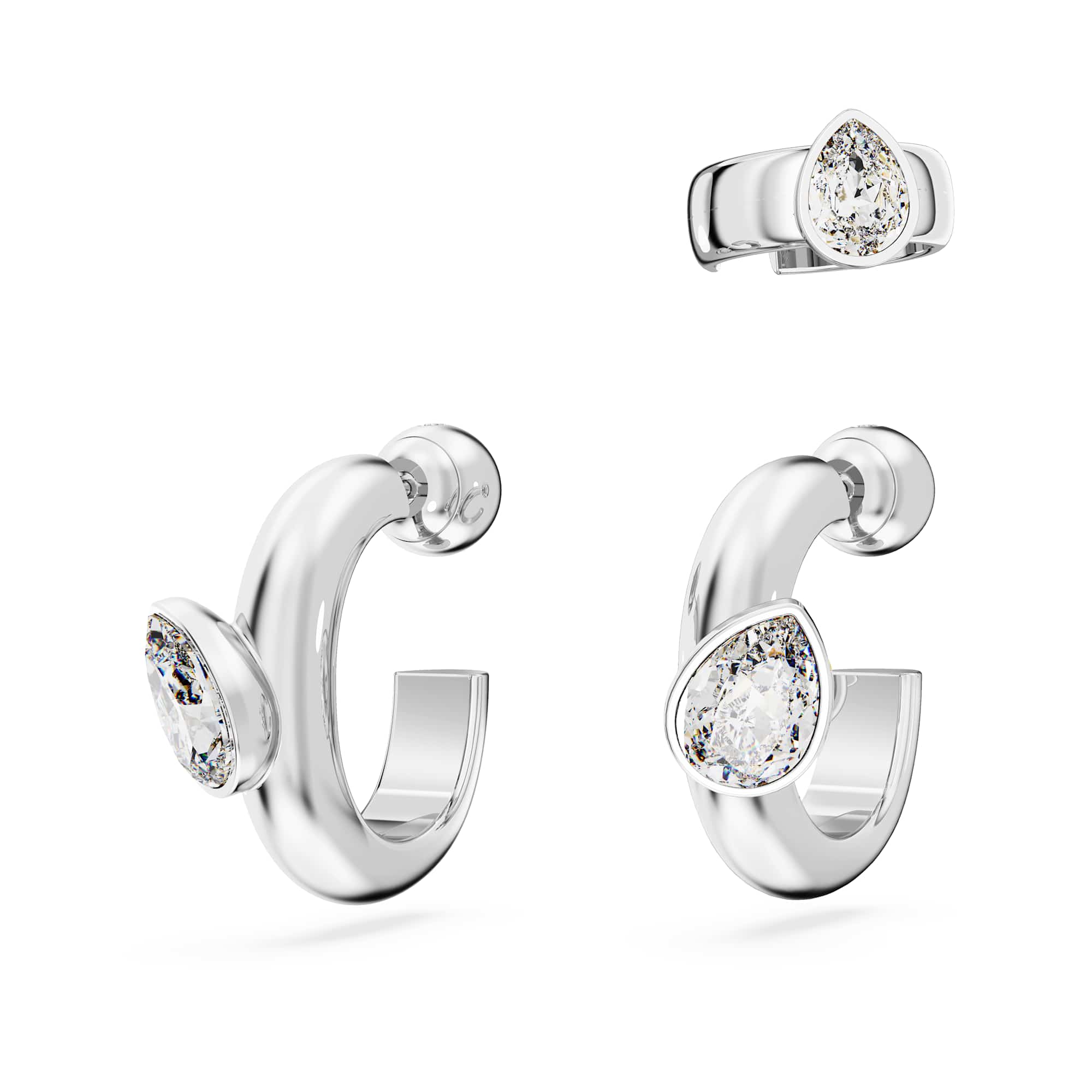 Imber hoop earrings with ear cuff, Set (3), Pear cut, White, Rhodium plated