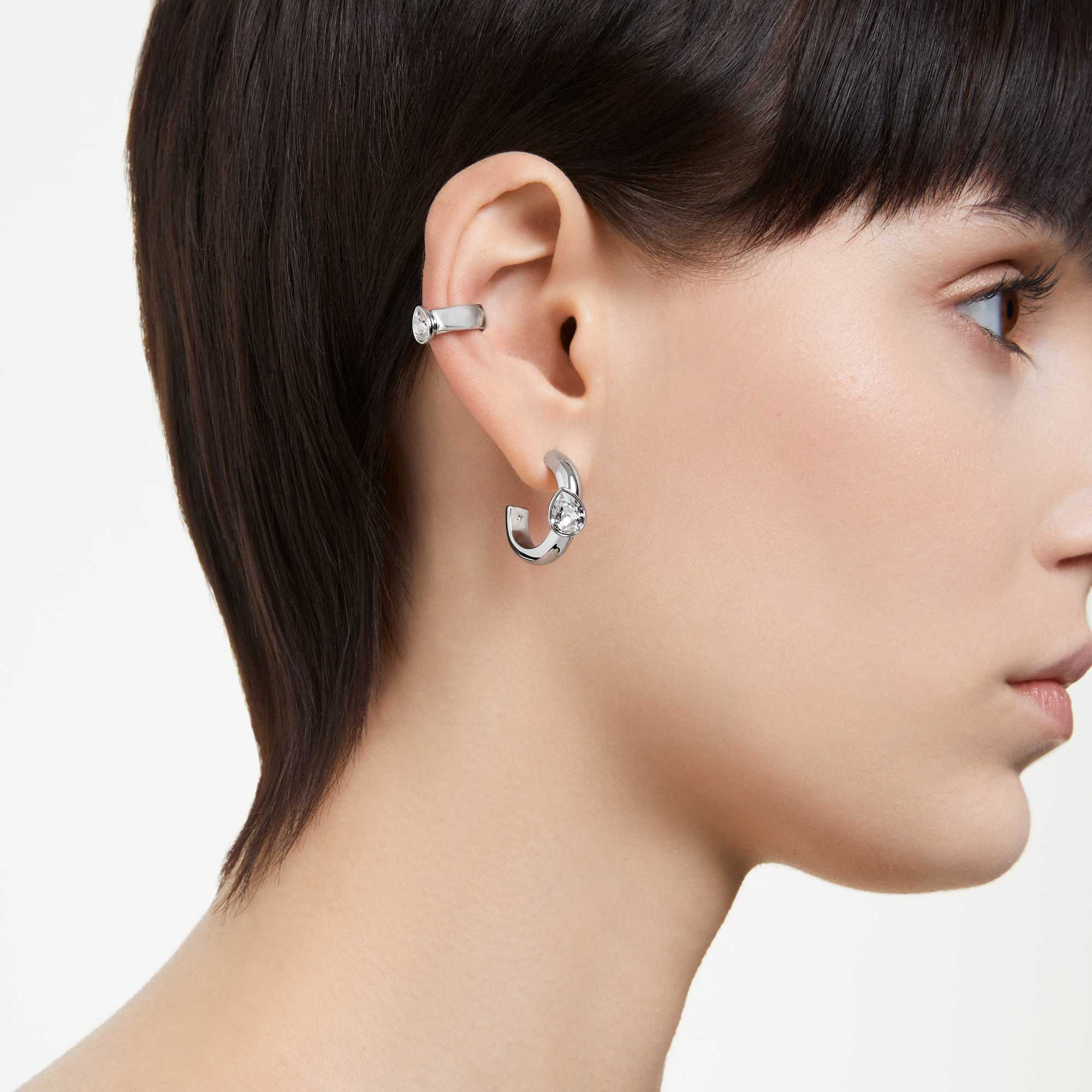 Imber hoop earrings with ear cuff, Set (3), Pear cut, White, Rhodium plated