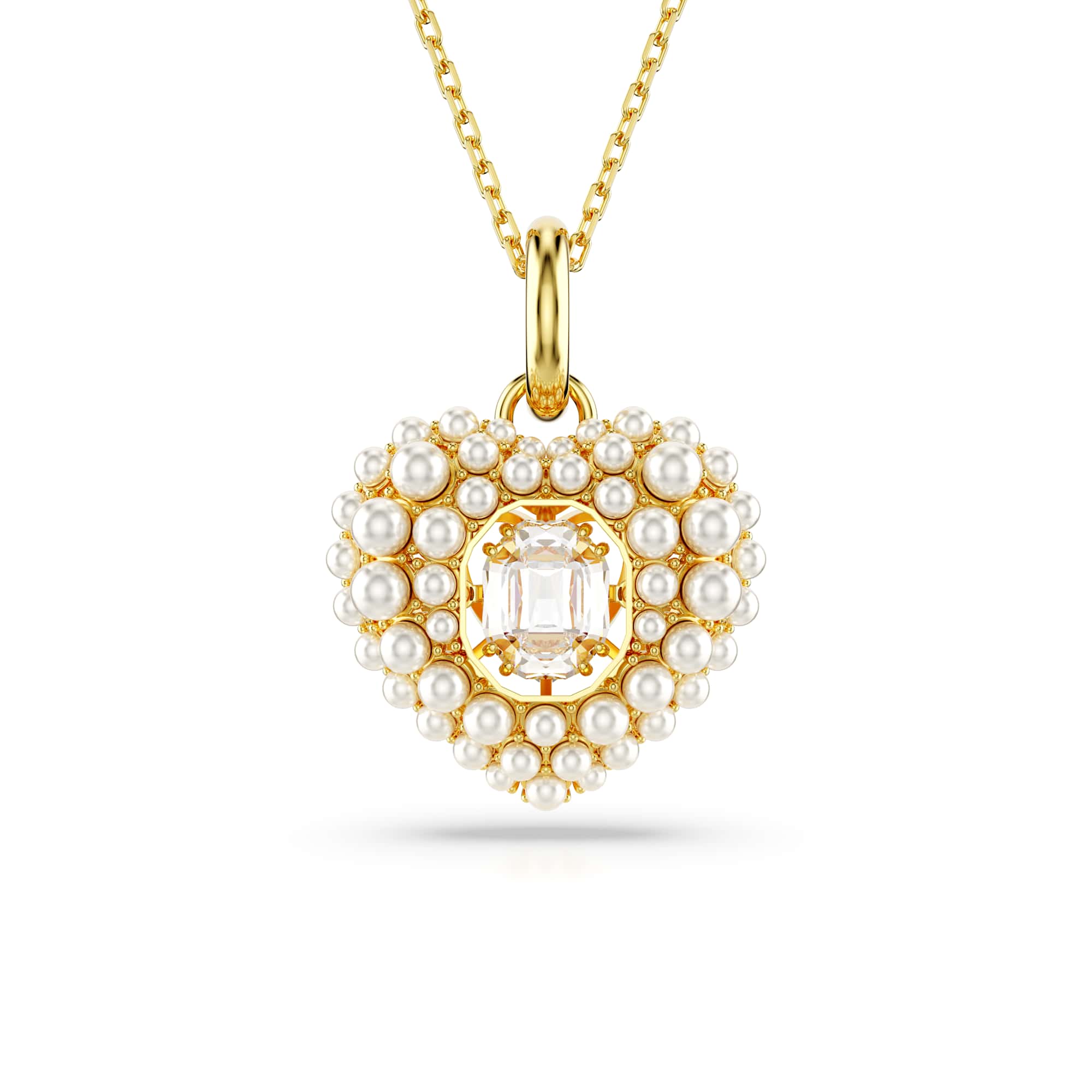 Hyperbola pendant, Crystal pearl, Heart, White, Gold-tone plated
