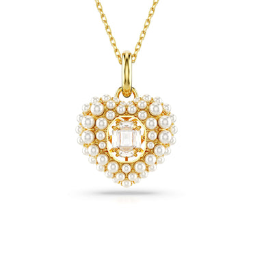 Hyperbola pendant, Crystal pearl, Heart, White, Gold-tone plated