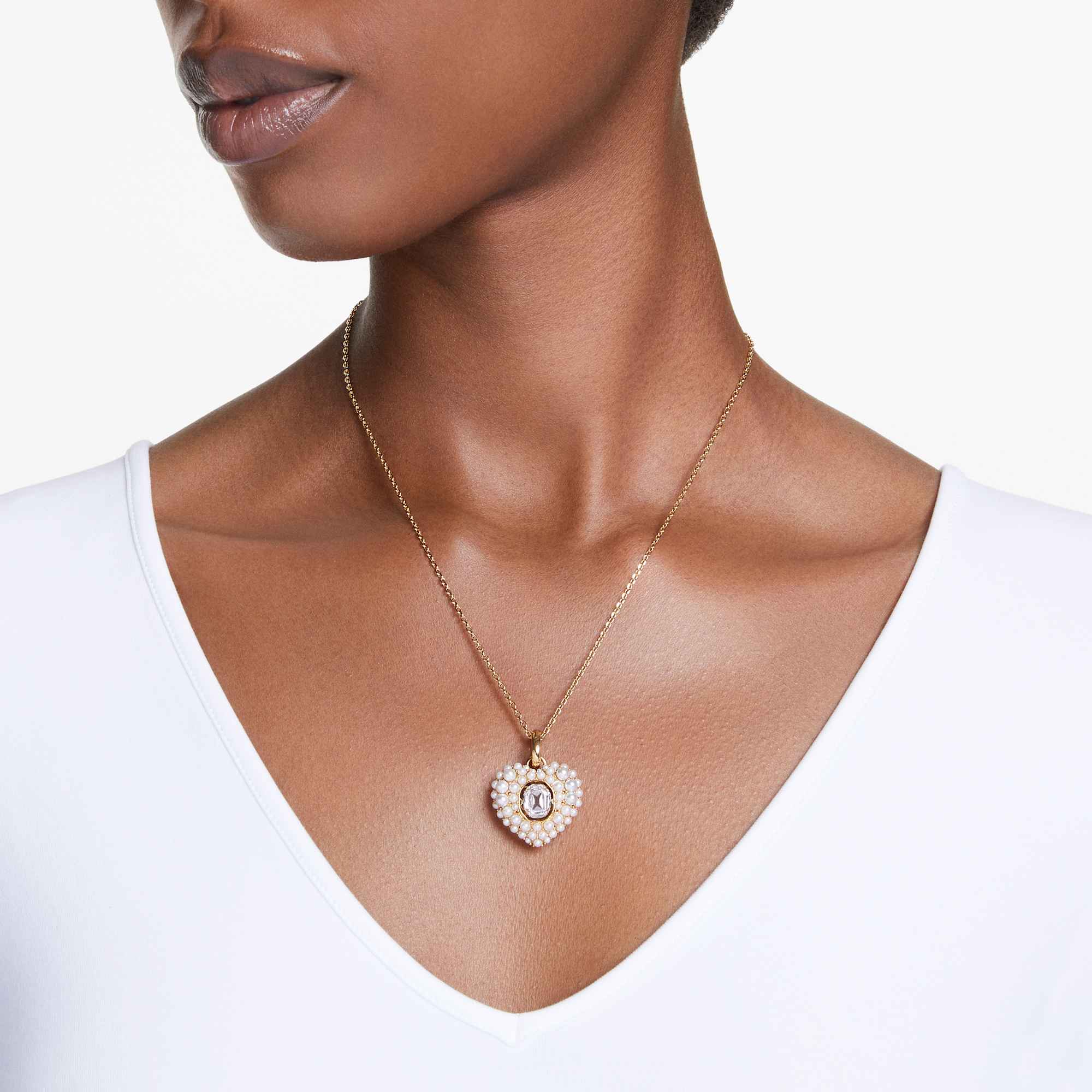 Hyperbola pendant, Crystal pearl, Heart, White, Gold-tone plated