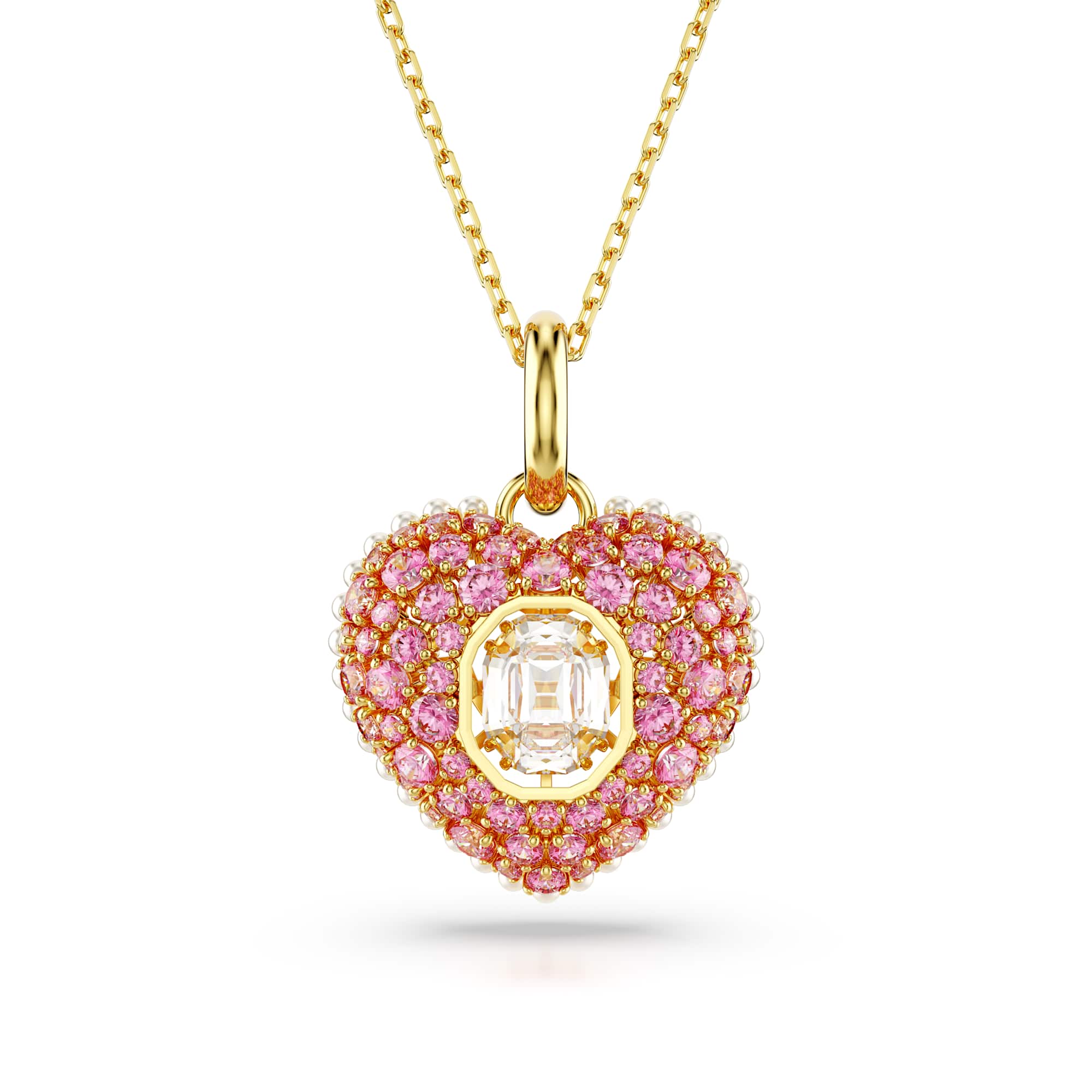 Idyllia pendant, Octagon cut, Crystal pearl, Heart, Pink, 18K gold finish