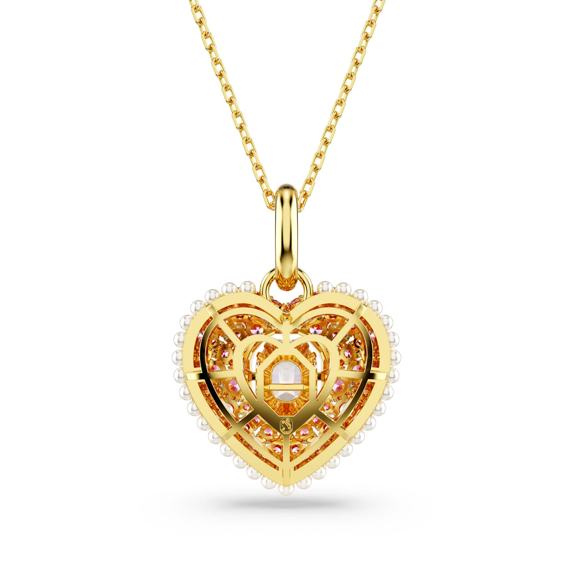Idyllia pendant, Octagon cut, Crystal pearl, Heart, Pink, 18K gold finish