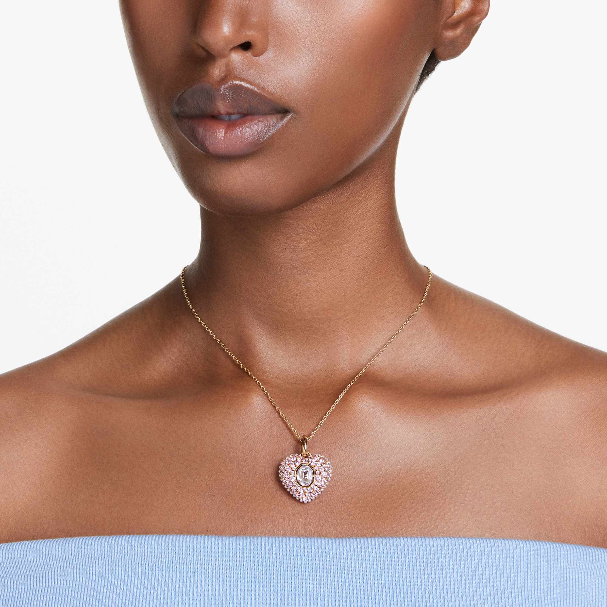 Idyllia pendant, Octagon cut, Crystal pearl, Heart, Pink, 18K gold finish