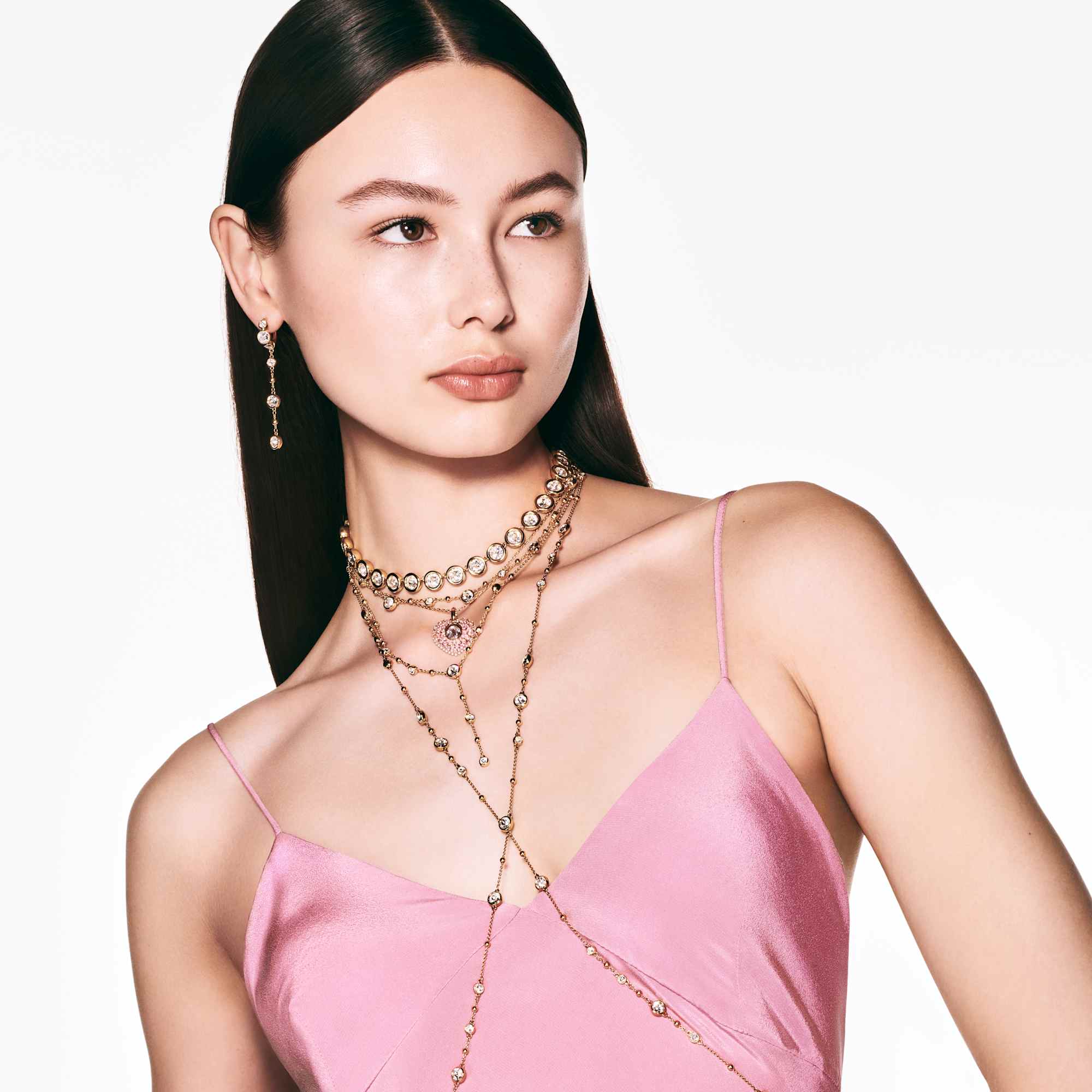 Idyllia pendant, Octagon cut, Crystal pearl, Heart, Pink, 18K gold finish