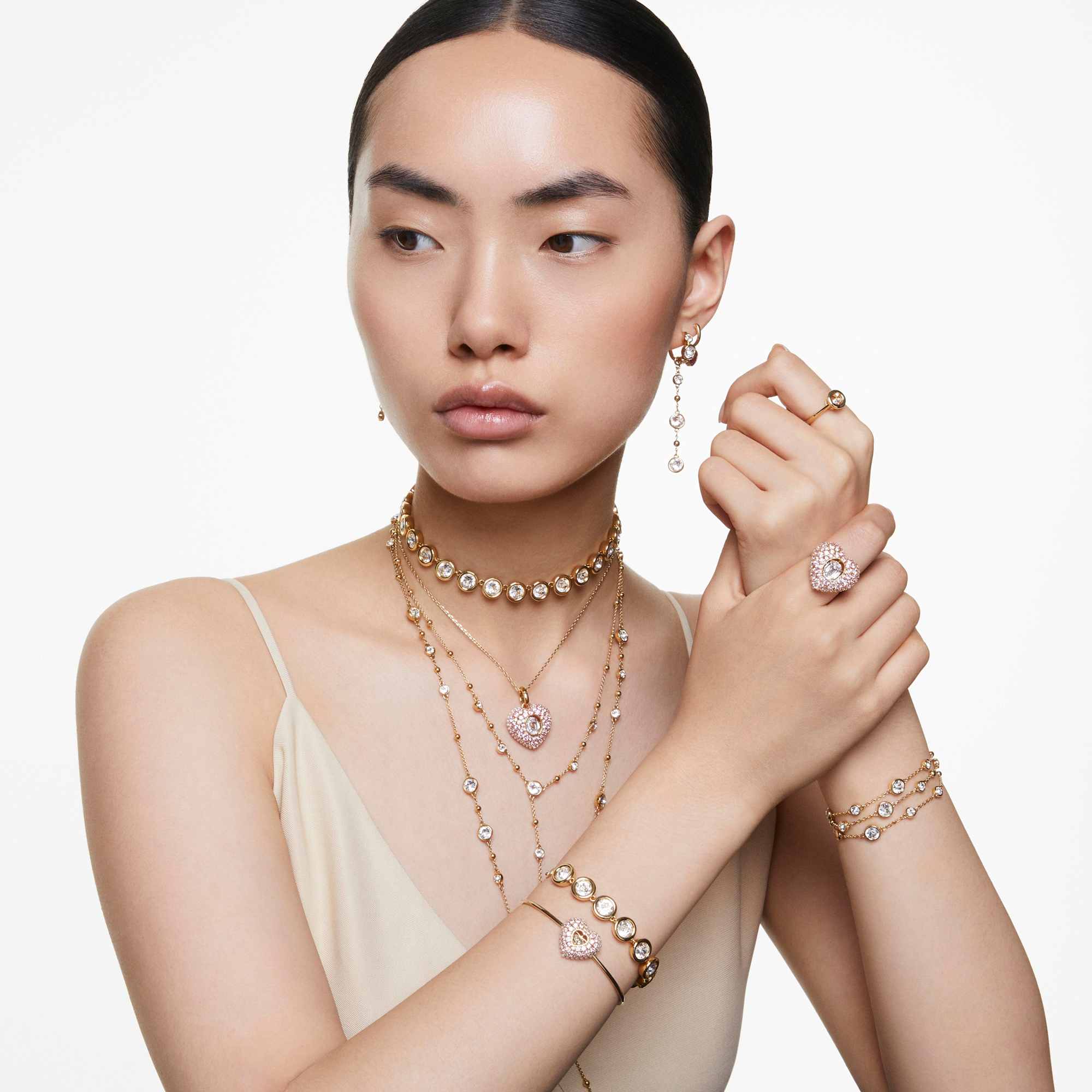 Imber Tennis bracelet, Round cut, White, 18K gold finish
