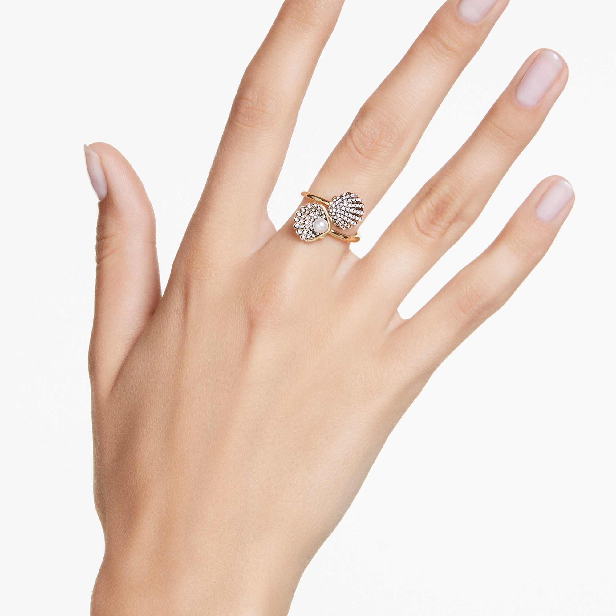 Idyllia open ring, Crystal pearl, Shell, White, Gold-tone plated - 50cm