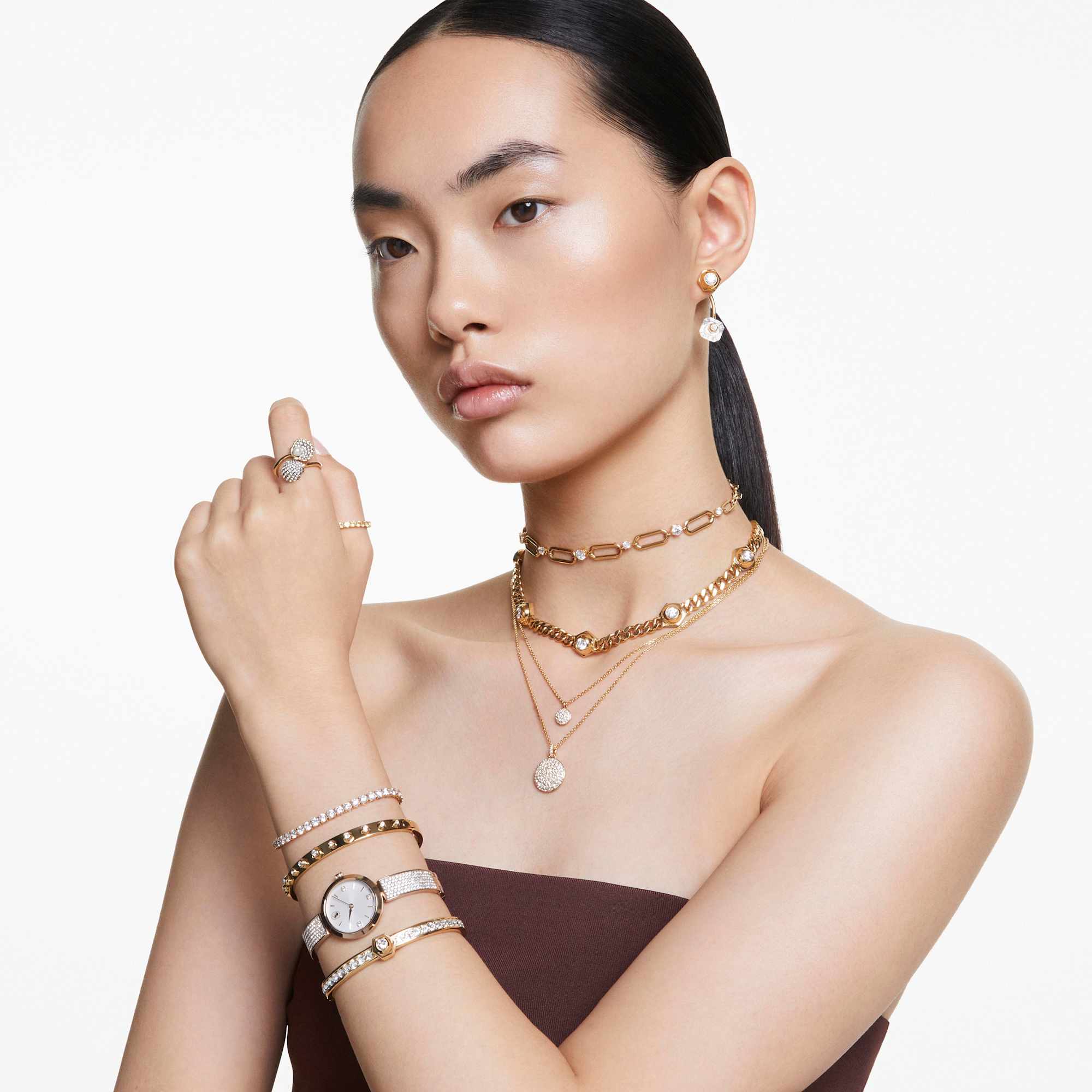 Idyllia open ring, Crystal pearl, Shell, White, Gold-tone plated - 50cm