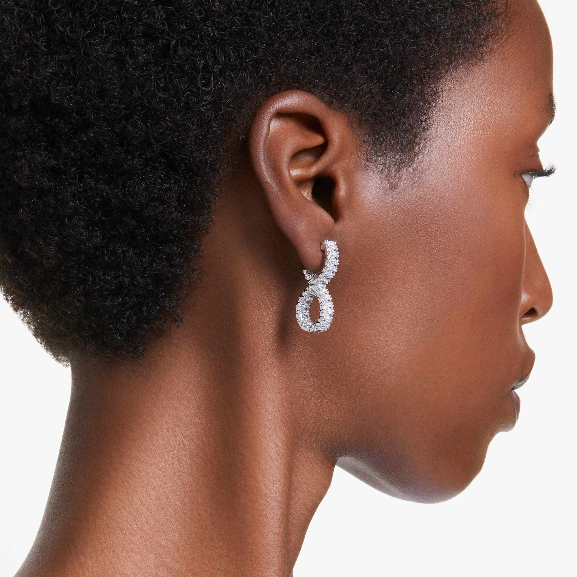 Hyperbola hoop earrings, Infinity, White, Rhodium plated