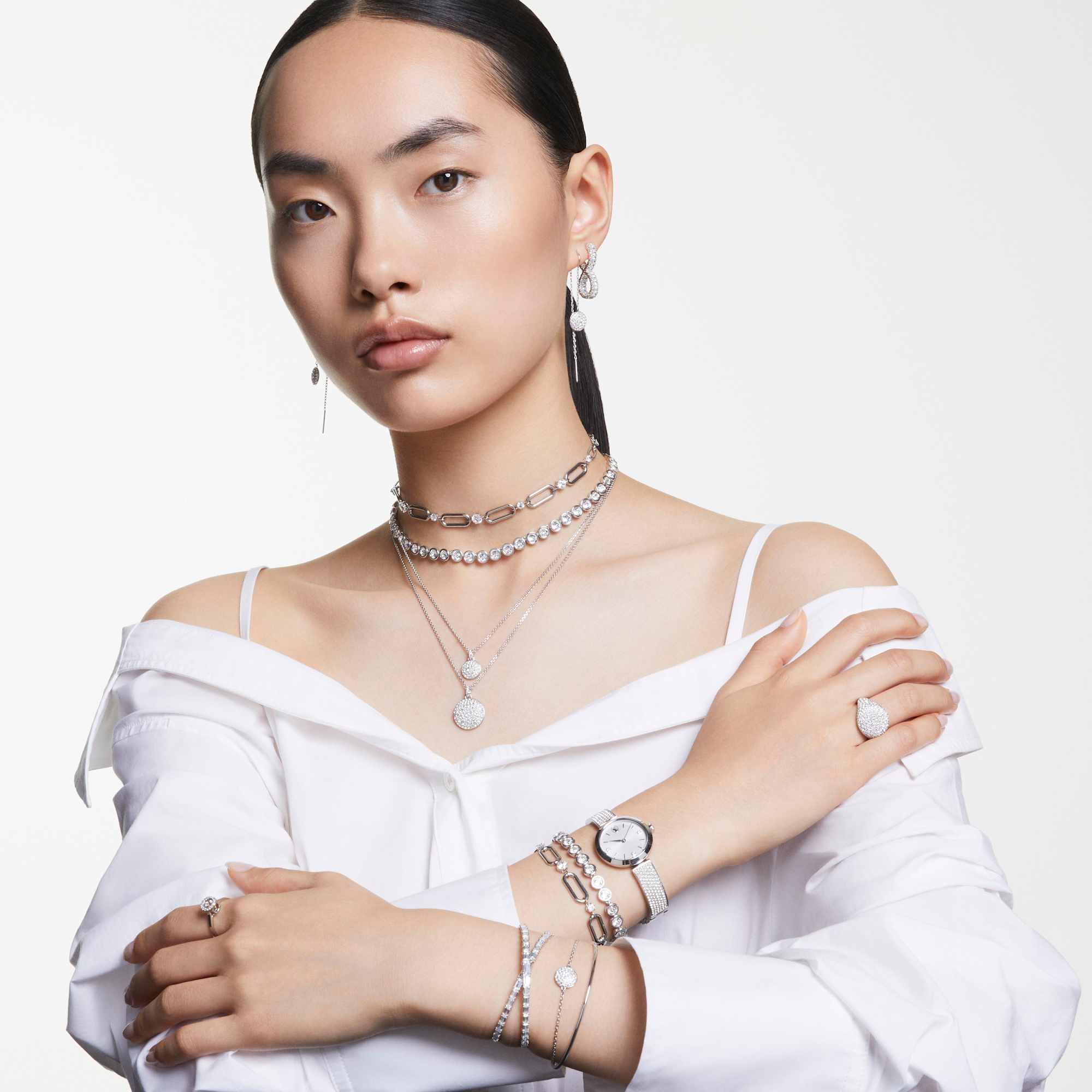 Meteora cocktail ring, White, Rhodium plated - 52cm