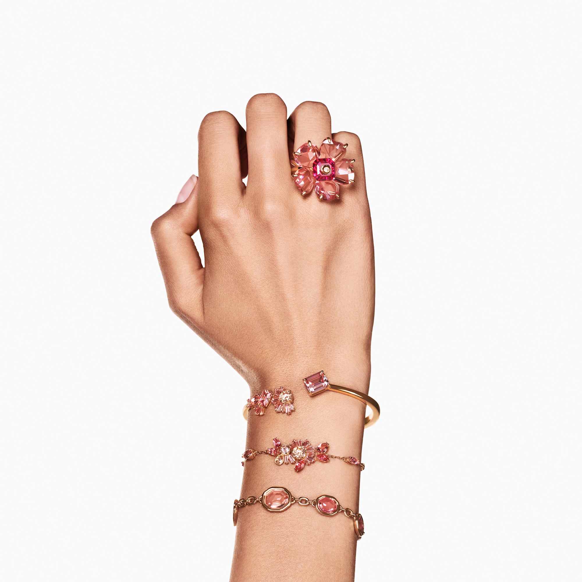 Gema bangle, Mixed cuts, Pink, Gold-tone plated - M