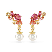 Gema drop earrings, Mixed cuts, Crystal pearls, Flower, Pink, Gold-tone plated
