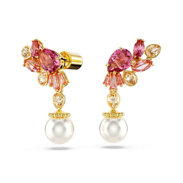 Gema drop earrings, Mixed cuts, Crystal pearls, Flower, Pink, Gold-tone plated