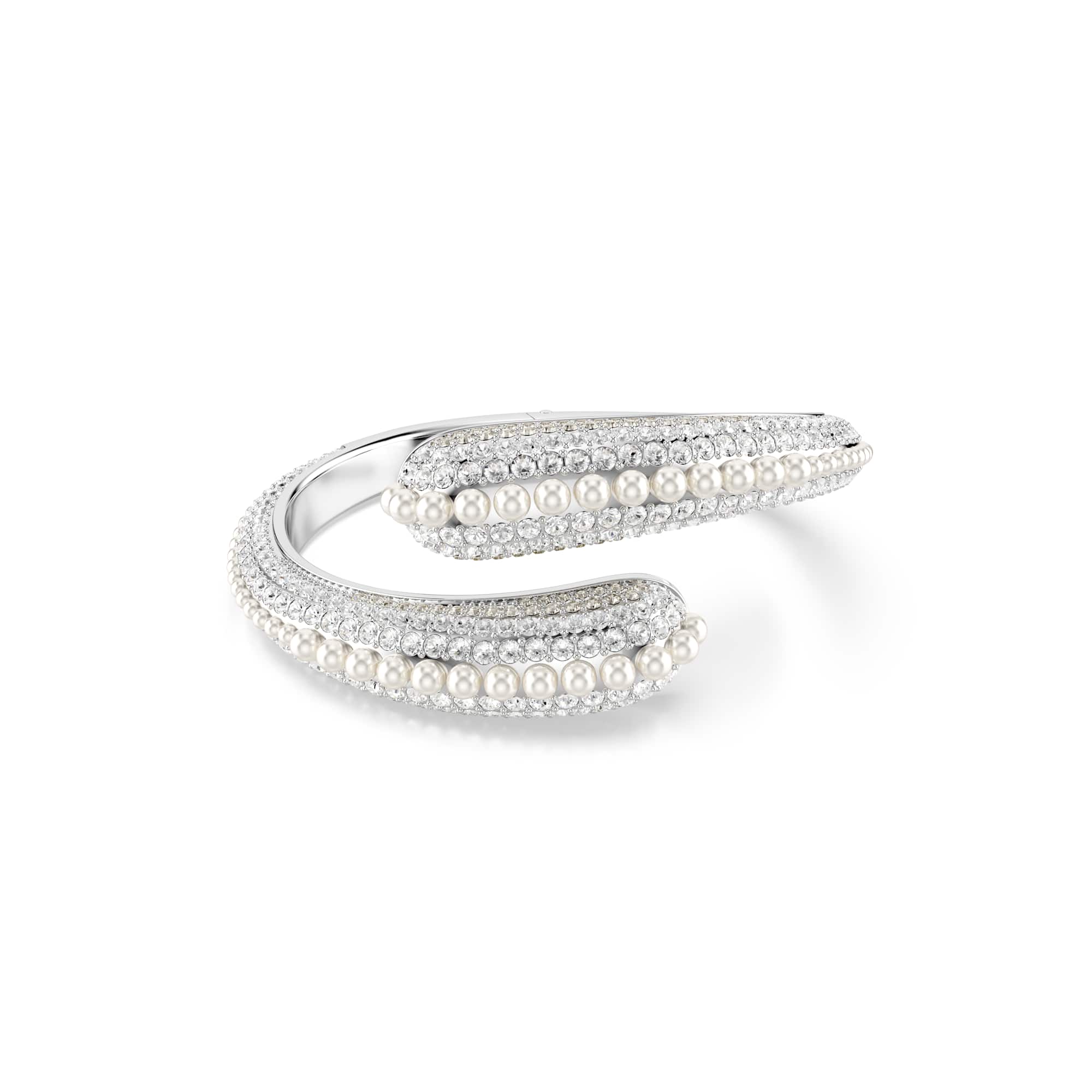 Sublima cuff, Crystal pearl, Round cut, White, Rhodium plated - M
