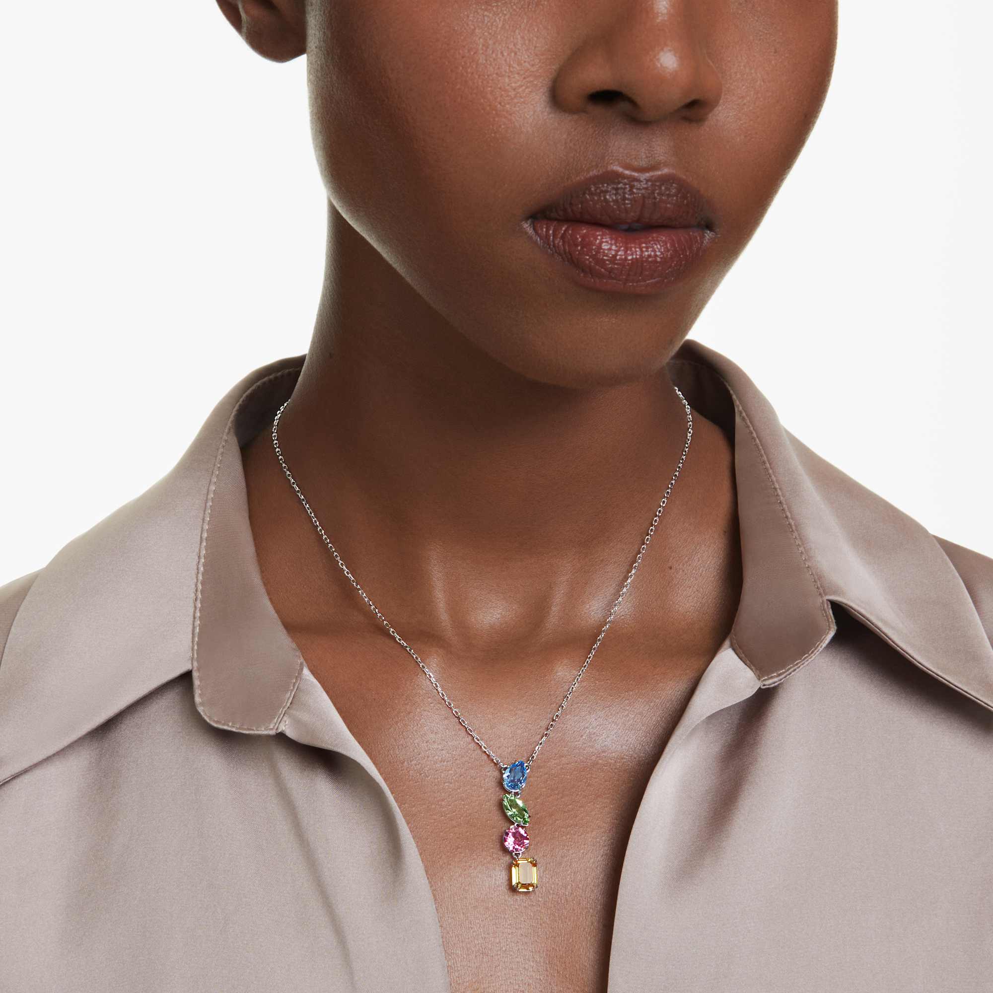 Gema Y pendant, Mixed cuts, Multicolored, Rhodium plated