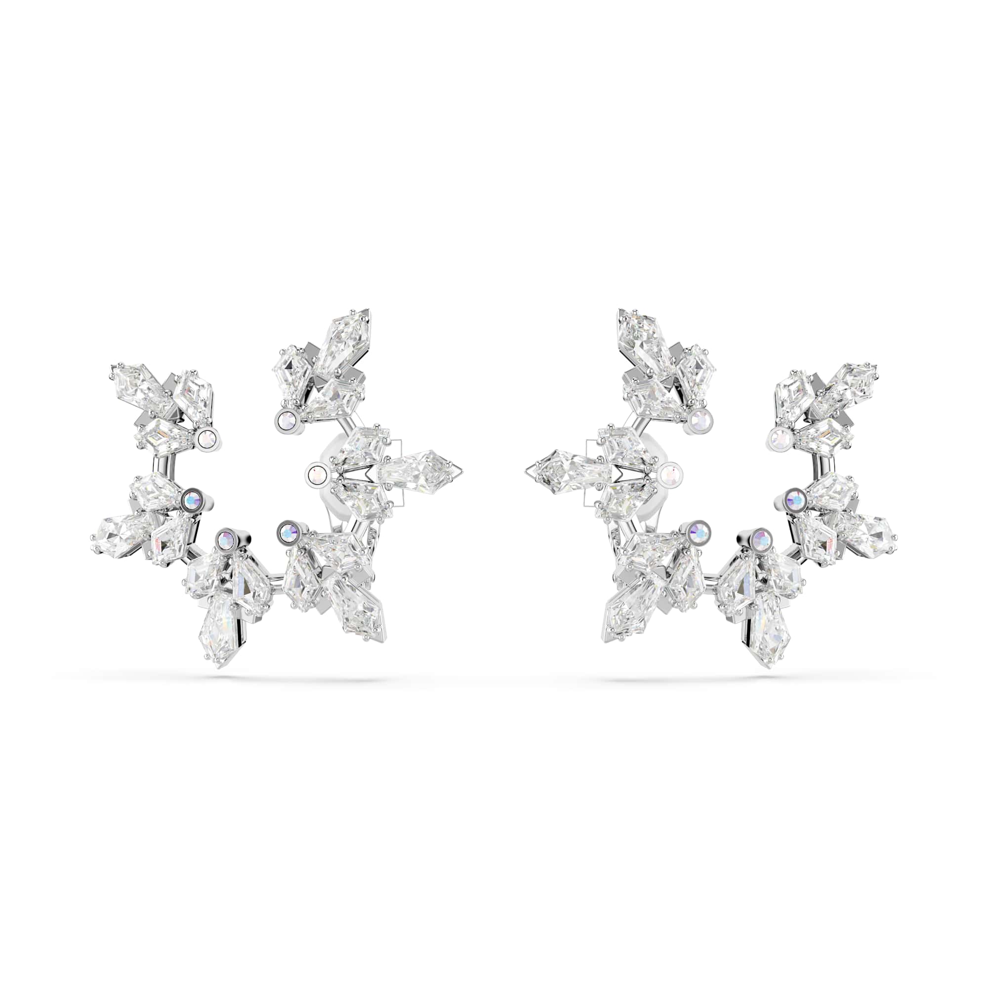 Idyllia clip earrings, Mixed cuts, Snowflake, White, Rhodium plated