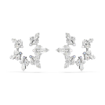 Idyllia clip earrings, Mixed cuts, Snowflake, White, Rhodium plated